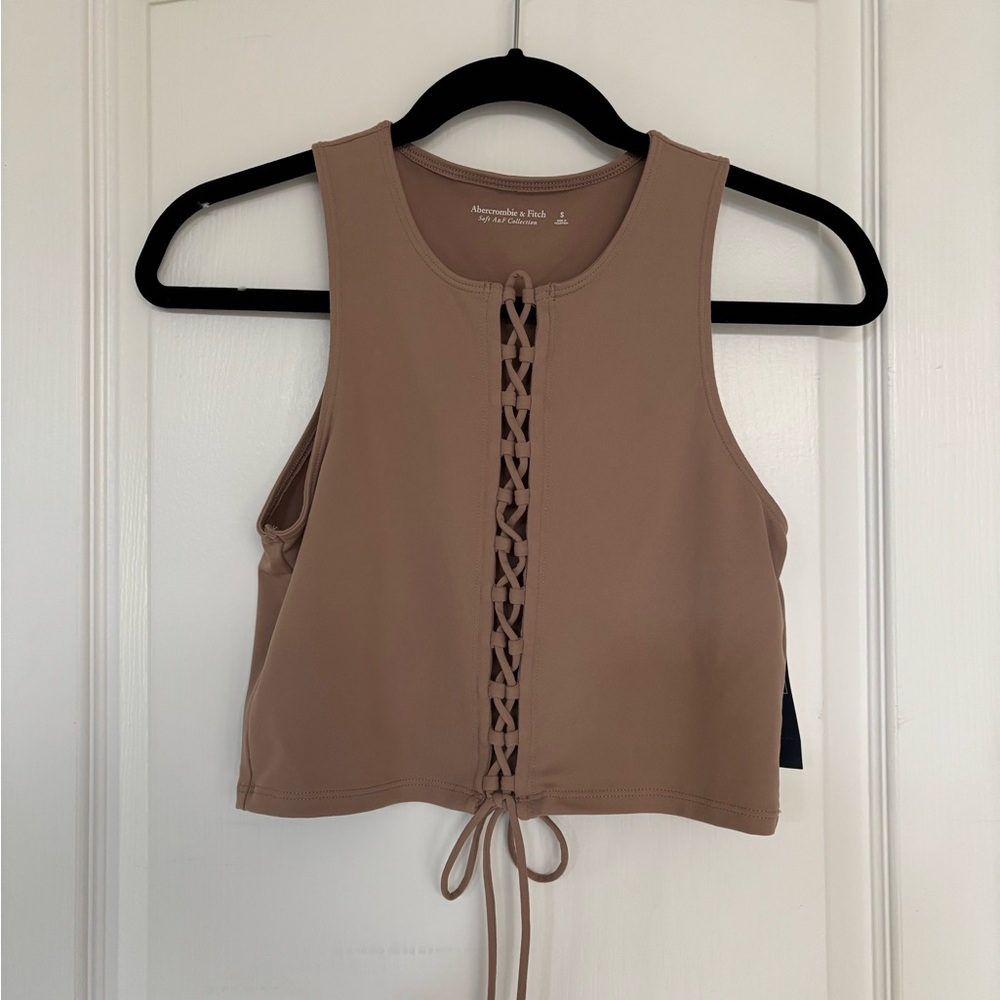 Abercrombie & Fitch Brown Sleeveless Crop Top with Cut Out Tie Front